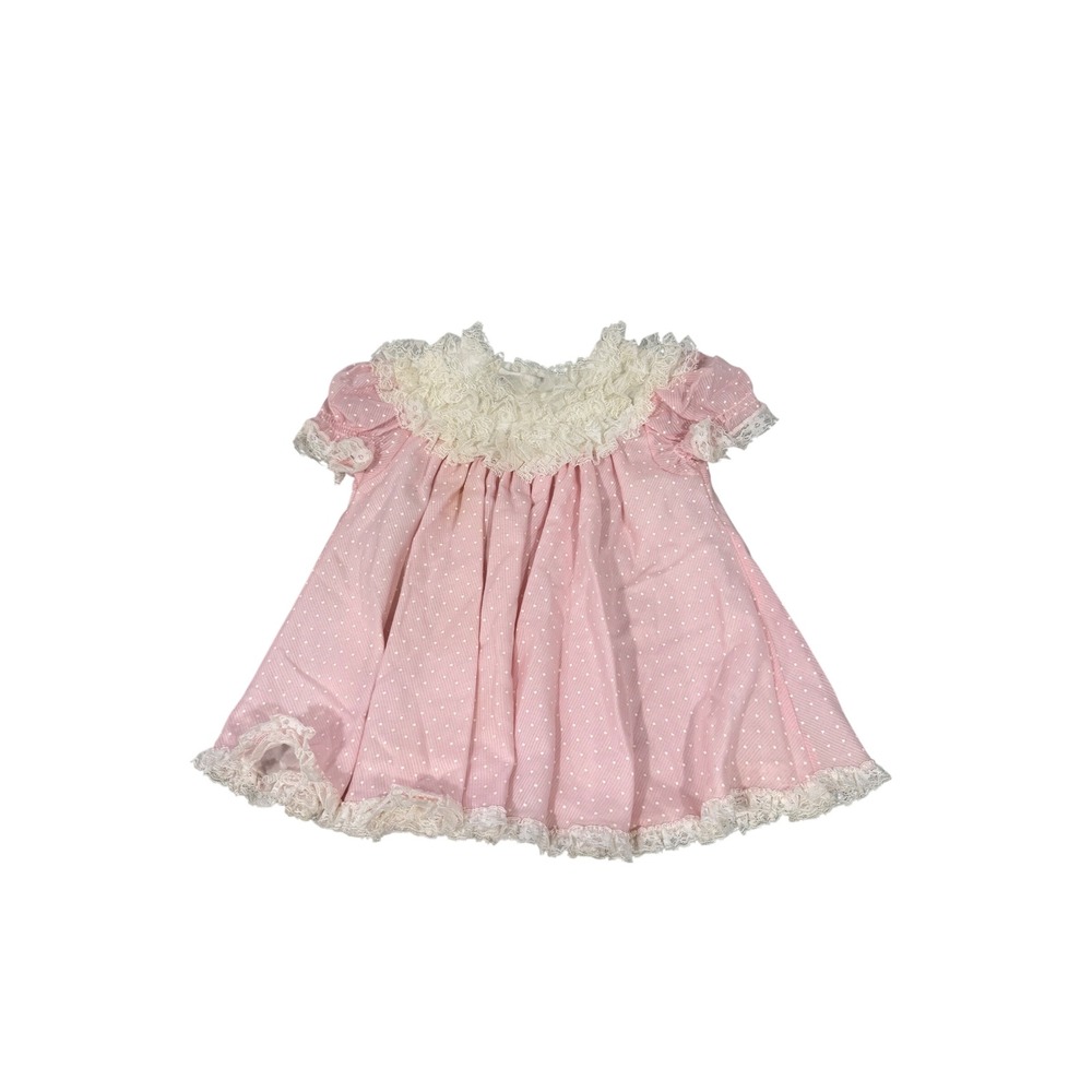 Vintage Pink Polka Dot Baby Dress Lace Ruffle Collar Short Sleeve 18-24 M ?